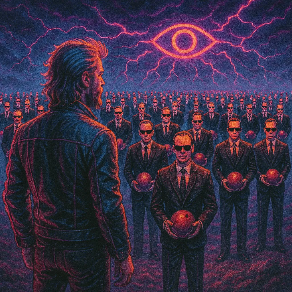 Me in front of an army of agents with bowling balls