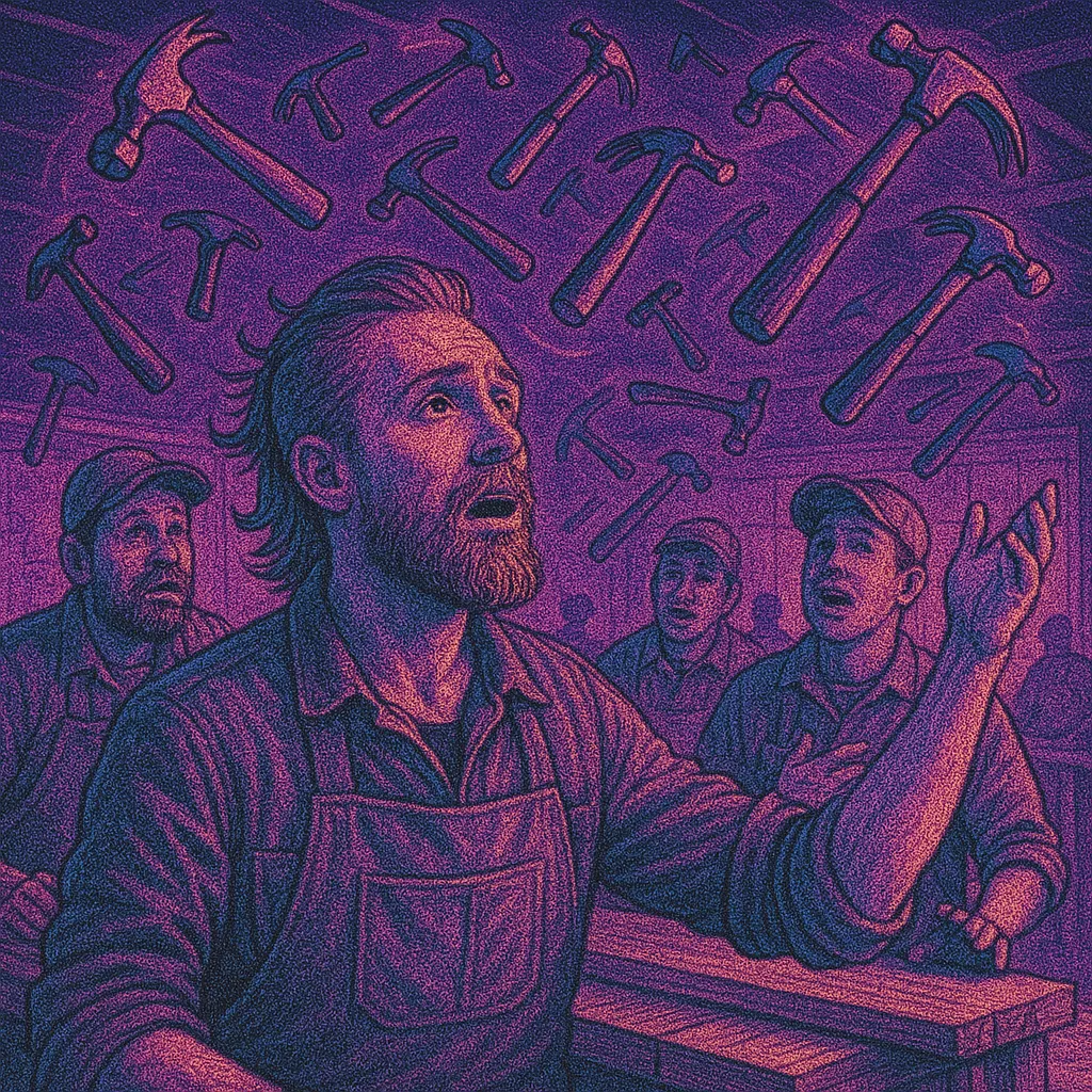 Hammers flying over a bunch of carpenters